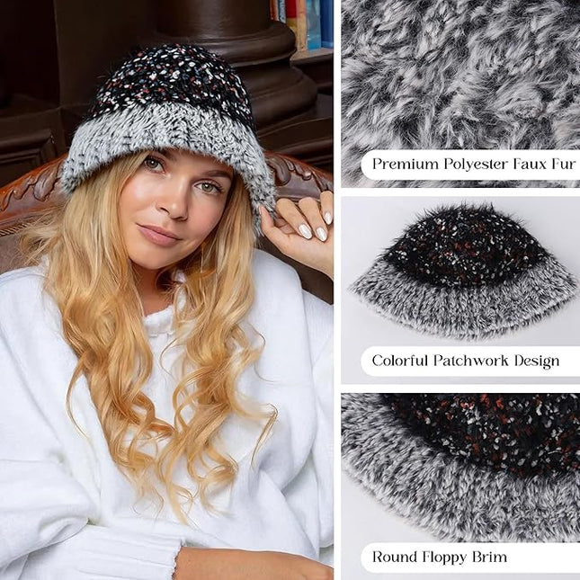 YI HENG MEI Women Knit Bucket Hat, Fluffy Winter Fisherman Hat Fuzzy Soft Warm Beanie Caps Women Cloche Caps Warm Bowler Hats