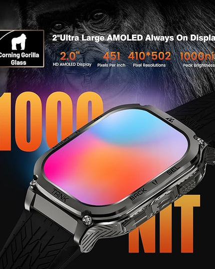 AMAZTIM Smart Watch, 60 Days Extra-Long Battery, 5ATM Waterproof Swimming Diving, Full Metal Military Grade, Answer/Make Call, 2" AMOLED Display, Health Monitor Compatible for iPhone and Android