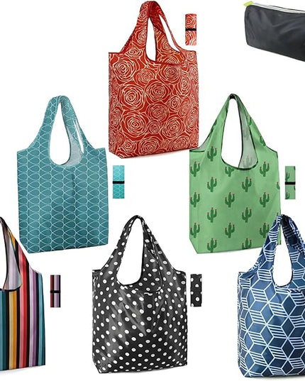 BeeGreen Geometry Reusable Grocery Bags Bulk 6 Packs X-Large, Reusable Shopping Bags Foldable for Groceries, Vegetables, Fruits Watertight Bulk Tote Bags (Cactus Rainbow Polka Dot Red Rose