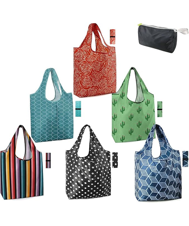 BeeGreen Geometry Reusable Grocery Bags Bulk 6 Packs X-Large, Reusable Shopping Bags Foldable for Groceries, Vegetables, Fruits Watertight Bulk Tote Bags (Cactus Rainbow Polka Dot Red Rose