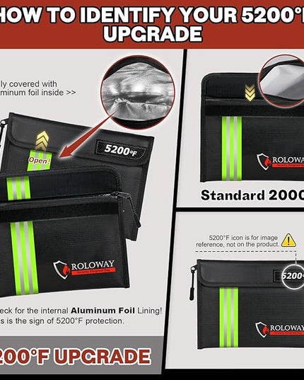 ROLOWAY Fireproof Bag (9.6 x 6.6 inches) 5200℉ Heat Insulated with Reflective Strip, Fireproof Money Bag with Zipper for Cash (2-Pack Black)