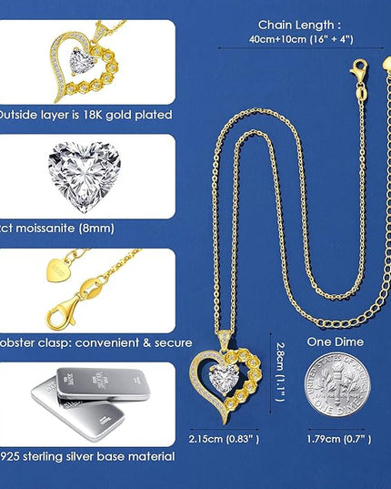 Beam & Bask 2-3 Carat Moissanite Rose Flower Heart Necklace for Her, Sterling Silver Plated with 18K Gold, Birthday, Wedding, Anniversary Pendant Jewelry for Girlfriend, Wife, Bride, Soulmate