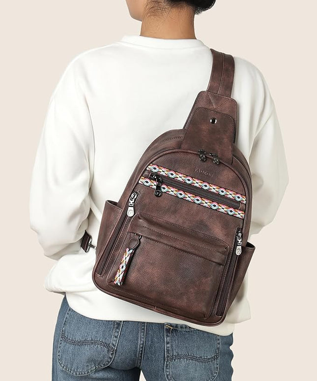 FADEON Large Sling Bag for Women, Leather Crossbody Purse Designer Anti Theft Sling Backpack, RFID Fanny Packs for Travel