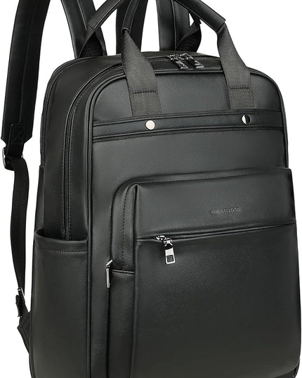 MASINTOR Leather Laptop Backpack for Women, Stylish Computer Backpack College Business Work Shoulder Bags Work and Travel Black