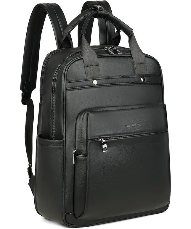 MASINTOR Leather Laptop Backpack for Women, Stylish Computer Backpack College Business Work Shoulder Bags Work and Travel Black