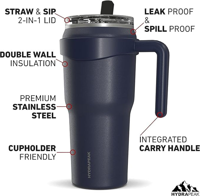 Hydrapeak Roadster 40oz Stainless Steel Tumbler Double Wall Vacuum Insulated Water Bottle With Handle And 2 in 1 Straw Lid (Navy)
