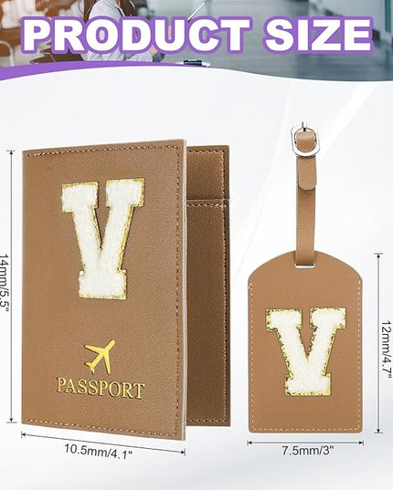 PATIKIL Passport Holder for Travel, Initial Passport Cover and Luggage Tag Set with Alphabet Chenille Letter Patch Travel Wallet Bag Suitcase Identifier for Women Family Travel Brown V