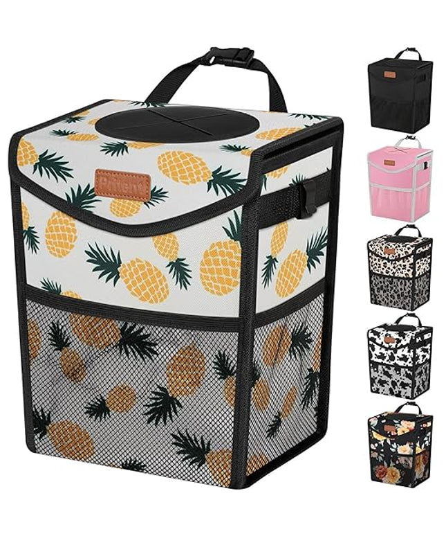 Car Trash Can with Lid, Cute Leakproof Car Trash Garbage Bag Hanging Vehicle Trash Bin Small Portable Automotive Garbage Cans Organizer for Back/Front Seat/Console(2.8 gal,Pineapple Print