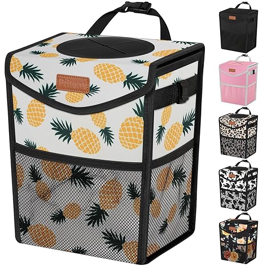 Car Trash Can with Lid, Cute Leakproof Car Trash Garbage Bag Hanging Vehicle Trash Bin Small Portable Automotive Garbage Cans Organizer for Back/Front Seat/Console(2.8 gal,Pineapple Print