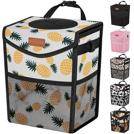 Car Trash Can with Lid, Cute Leakproof Car Trash Garbage Bag Hanging Vehicle Trash Bin Small Portable Automotive Garbage Cans Organizer for Back/Front Seat(Trapezoid,Pineapple Print
