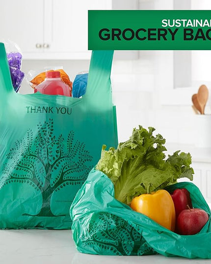 100 Pack Thank You Bags Disposable Eco Grocery T-Shirt Bag with Handles for Supermarket, Groceries, Produce, Shopping, Trash, Small Commercially Compostable Baggies Bulk
