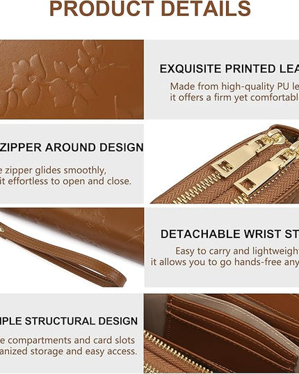 yiijay Womens Wallet RFID Blocking Large Capacity Leather Double Zip Wristlet Wallet Credit Card Phone Holder Ladies Clutch Purse Flora