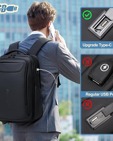 FENRUIEN Business Backpack for Men,Water Resistant Tech Backpack with Charger,Black Laptop Backpack 15.6 Inch