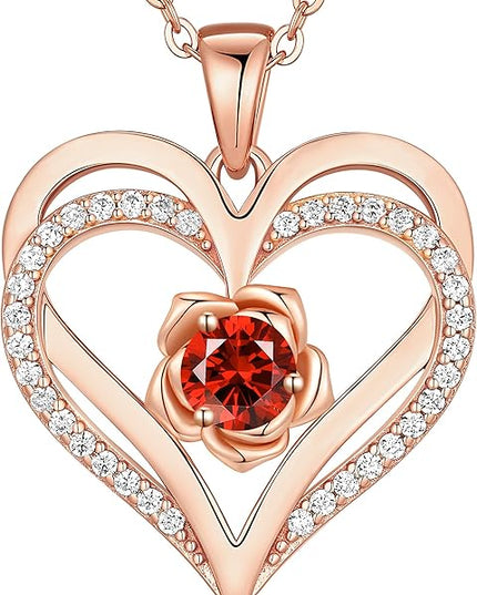 CDE Christmas Gifts for Women S925 Silver Rose Gold Heart Birthstone Necklaces for Women，Ideal Anniversary or Birthday Jewelry Gifts for Wife Girlfriend Her