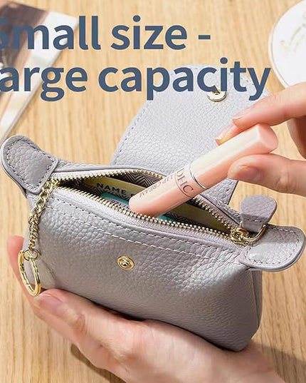 Plinvo Vintage Genuine Leather Coin Purse Keychain for Women Mini Zip Wallet Change Pouch Black (Gray)