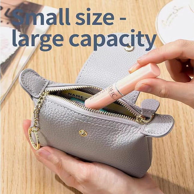 Plinvo Vintage Genuine Leather Coin Purse Keychain for Women Mini Zip Wallet Change Pouch Black (Gray)