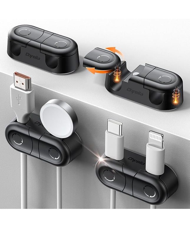 Magnetic Cable Clips - Chfeila 4Pack [Dual Slot] [360°Rotating & Twist-Lock] Cord Management, Adhesive Phone Charging Keeper, Wire Organizer Holder for Nightstand, Home Office Desk Accessories Decor