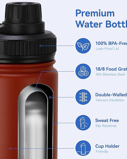 DOMICARE 16 oz Kids Water Bottle for School Stainless Steel Double Wall Vacuum Insulated Water Bottle with Straw lids & Spout Lid, Leakproof BPA Free (Red,8)