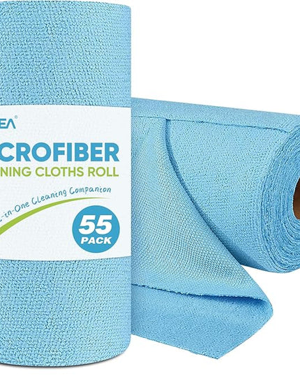 AIDEA Microfiber Cleaning Cloth Roll, Blue Shop Towels 55 Sheets Washable, Microfiber Towels for Cars, Blue Rags Reusable Paper Towel for Automotive, Workshop, House, Kitchen, Cleaning Supplies11×9"