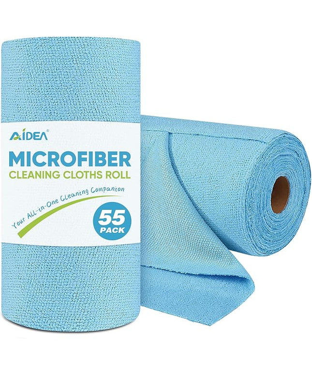AIDEA Microfiber Cleaning Cloth Roll, Blue Shop Towels 55 Sheets Washable, Microfiber Towels for Cars, Blue Rags Reusable Paper Towel for Automotive, Workshop, House, Kitchen, Cleaning Supplies11×9"