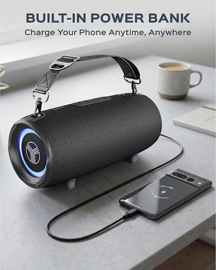 TREBLAB HD-Max Portable Bluetooth Speaker, 60W Loud Stereo Sound with Deep Bass, IPX7 Waterproof Outdoor Speaker, 20H Playtime, Powerbank, RGB Party Lights