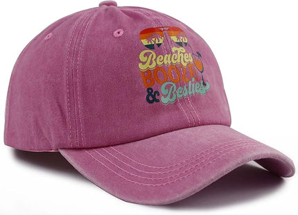 Beaches Booze & Besties Hat for Women, Vintage Adjustable Cotton Beach Baseball Cap