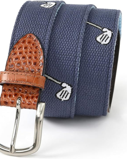 Mile High Life Golf Belts for Men, Canvas Belt with Genuine Leather Tips, Embroidered 2 Layer Web Belt with Pin Buckle