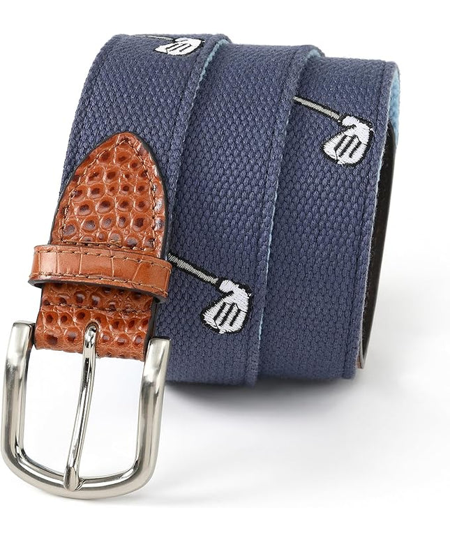 Mile High Life Golf Belts for Men, Canvas Belt with Genuine Leather Tips, Embroidered 2 Layer Web Belt with Pin Buckle