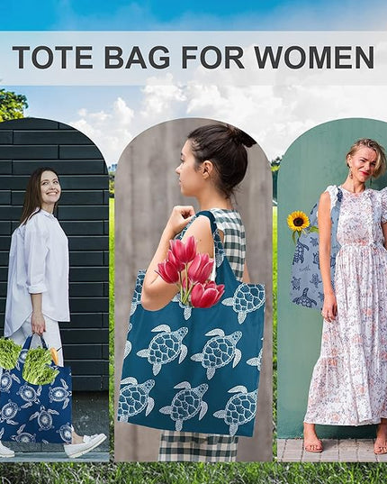 BeeGreen Sea Turtle Reusable Grocery Bags Large Tote Bag With Handles, Bulk Gift Foldable Shopping Bags for Women 6 Pack, Cute Cloth Bag, Heavy Duty, Washable For Beach, Holiday, Travel And Groceries