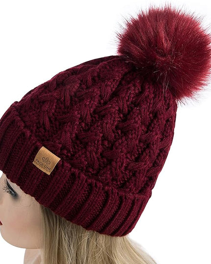 PAGE ONE Womens Winter Ribbed Beanie Crossed Cap Chunky Cable Knit Pompom Soft Warm Hat