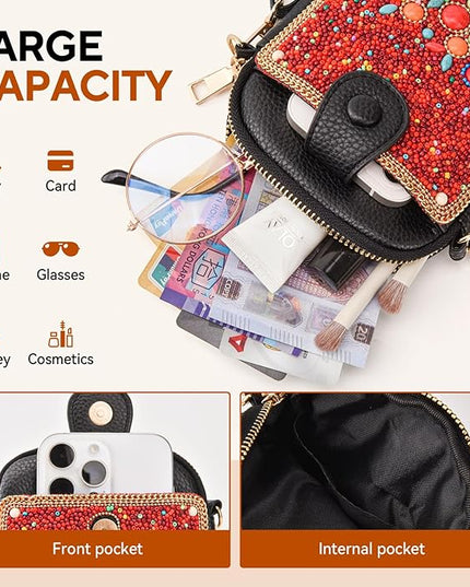 Women's Small Crossbody Cell Phone Bag, Boho Colorful Beaded Purse Wallet with Handmade Cute Patterns