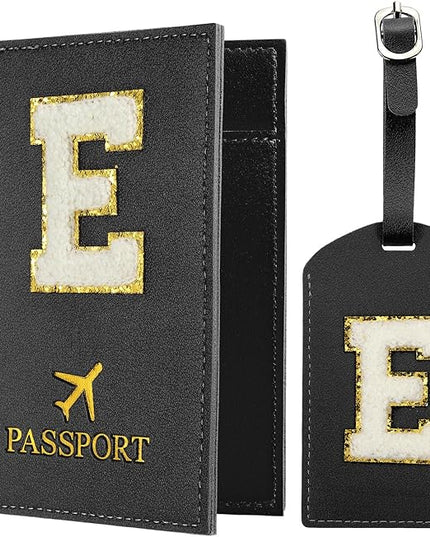 PATIKIL Passport Holder for Travel, Initial Passport Cover and Luggage Tag Set with Alphabet Chenille Letter Patch Travel Wallet Bag Suitcase Identifier for Women Family Travel Black E