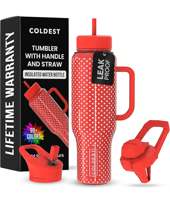 Coldest Tumbler with Handle and Straw - 100% Leak Proof Insulated Tumbler with Lid and Straw (3 Lids) - Stainless Steel Tumblers for Women & Men - Cup Holder Friendly Base, 46 oz (Red Dress)