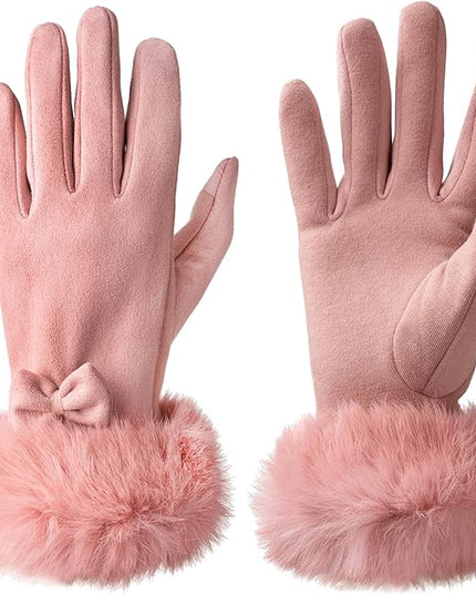 Vagasi Women Touch Screen Gloves, Fleece Lined Winter Gloves for Ladies, Thermal Suede Gloves Fur Cuff for Girls Gifts