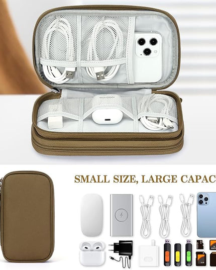FYY Electronic Organizer, Travel Cable Organizer Bag Pouch Electronic Accessories Carry Case Portable Waterproof Double Layers Storage Bag for Cable, Charger, Phone, Earphone, Medium Size, Brown