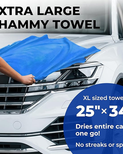Premium XL Shammy Towel for Car - (34”x25”) - Super Absorbent Chamois Cloth - Spots and Scratch-Free - Reusable Car Drying Towels