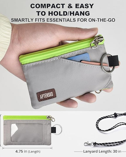 RFID Travel Wallet with Adjustable Lanyard-Zipper Small Wallet with ID Card Holder, Keychain for women&men-Minimalist Slim Waterproof Nylon case for ID, Cash, Key (Grey)