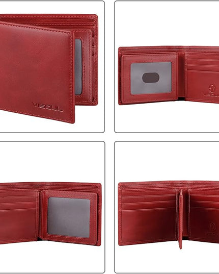 VISOUL Leather Mens Bifold RFID Blocking Wallet with 2 ID Windows, Leather Wallet for Men (Leather, Burgundy)
