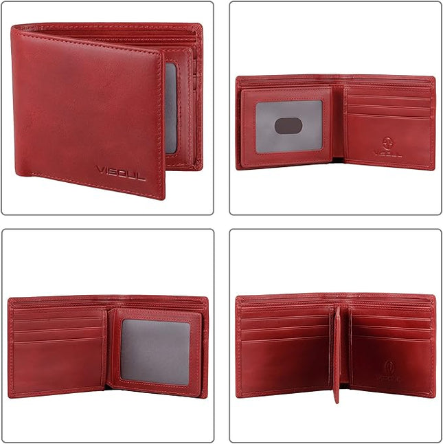 VISOUL Leather Mens Bifold RFID Blocking Wallet with 2 ID Windows, Leather Wallet for Men (Leather, Burgundy)