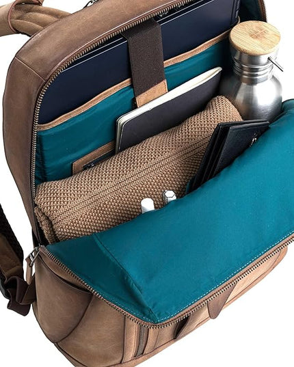 VELEZ Brown Leather Backpack for Men & Women - Large Capacity Laptop Travel Backpack with 17" Sleeve - Vintage Travel Bag with Adjustable Straps, Multiple Pockets & Trolley Sleeve