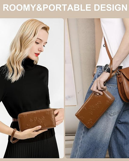 yiijay Womens Wallet RFID Blocking Large Capacity Leather Double Zip Wristlet Wallet Credit Card Phone Holder Ladies Clutch Purse Flora