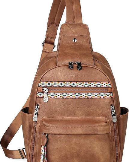 FADEON Large Sling Bag for Women, Leather Crossbody Purse Designer Anti Theft Sling Backpack, RFID Fanny Packs for Travel