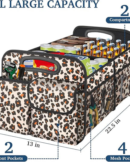 Femuar Car Trunk Organizer, Trunk Storage Organizer with Large Capacity Waterproof Collapsible Trunk Organizer for Car Suv/Jeep/Sedan (Leopard Print, Standard)