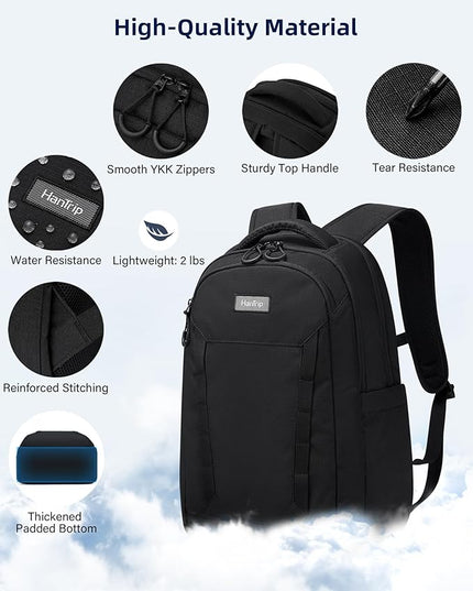 Travel Laptop Backpack Carry On, 18 Inch Large Work Backpack School Book Bags, Light Water Resistant Backpacks for Women Men with Luggage Strap Water Bottle Pocket Chest Strap, Black