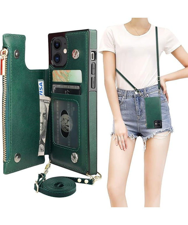Bocasal Crossbody Wallet Case for iPhone 12/12 Pro with Card Holder,Zipper Card Slot Protector Shockproof Purse Cover with Removable Cross Body Strap 6.1 Inch(Green)