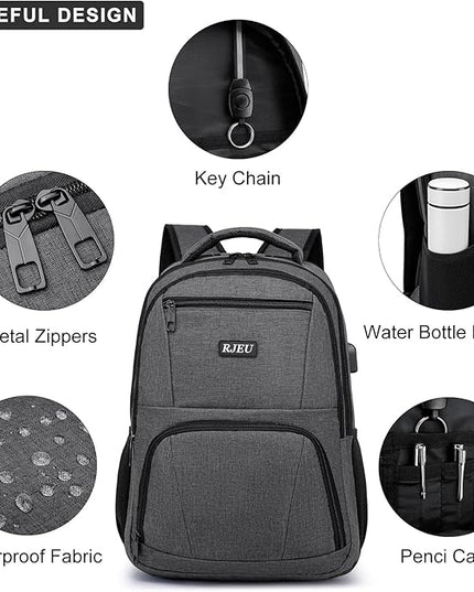 School Backpack for Teens & College Students - 17.3 Inch Laptop Backpack with USB Charging Port, Water Resistant Travel Bookbag for Men, Women, Business & University, Grey