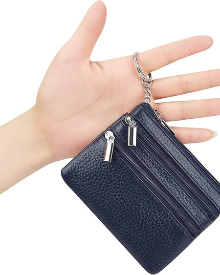 Women's Genuine Leather Coin Purse Mini Pouch Change Wallet with Keychain