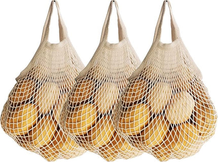 3 pack Reusable Grocery Bags Cotton Net Shopping Tote Ecology Market String Bag Mesh Beach Bags Produce Vegetable Bags (Beige)
