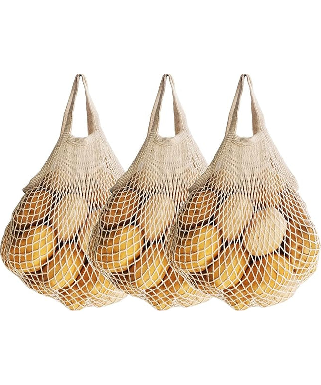 3 pack Reusable Grocery Bags Cotton Net Shopping Tote Ecology Market String Bag Mesh Beach Bags Produce Vegetable Bags (Beige)