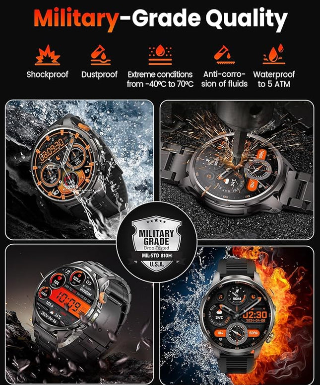 Smart Watches for Men, Military Smart Watch with 100 Days Battery/Flashlight/Heart Rate/Sleep/SpO2 Monitor/Call/110+ Sports Mode, 5 ATM Rugged Men's Fitness Tracker Watch for Android iPhone Compatible
